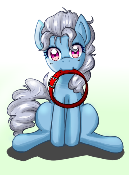 Size: 589x800 | Tagged: safe, artist:jurisalis, derpibooru import, screw loose, pony, behaving like a dog, collar, cute, cuteloose, female, looking at you, mare, mouth hold, sitting, smiling, solo