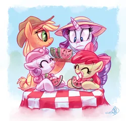 Size: 1450x1400 | Tagged: safe, artist:whitediamonds, derpibooru import, apple bloom, applejack, rarity, sweetie belle, earth pony, pony, unicorn, bow, eating, eyes closed, female, filly, food, freckles, frown, hair bow, hat, lesbian, mare, rarijack, rarijack daily, shipping, smiling, sun hat, watermelon, watermelon seed
