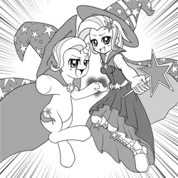 Size: 800x800 | Tagged: safe, artist:jurisalis, derpibooru import, trixie, pony, unicorn, equestria girls, cape, clothes, dress, duo, female, grayscale, hat, human ponidox, looking at you, mare, monochrome, open mouth, smiling, trixie's cape, trixie's hat