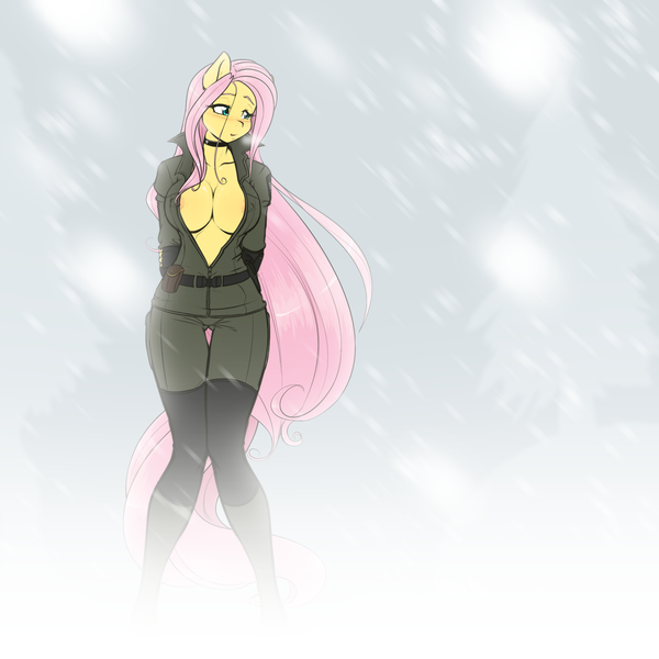 Size: 2200x2200 | Tagged: adorasexy, anthro, areola, areola slip, artist:scorpdk, big breasts, blushing, breasts, busty fluttershy, choker, cleavage, clothes, commission, crossover, cute, derpibooru import, erect nipples, female, fluttershy, metal gear, metal gear solid, nipple outline, nipples, nudity, open jacket, questionable, sexy, sniper wolf, snow, snowfall, solo, solo female