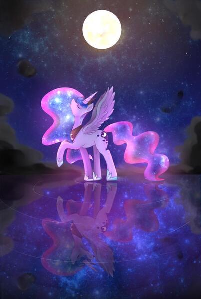 Size: 687x1024 | Tagged: artist:hosikawa, cloud, cloudy, derpibooru import, eyes closed, full moon, moon, night, night sky, princess luna, raised hoof, reflection, safe, solo, spread wings, stars