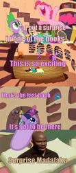 Size: 512x1152 | Tagged: book, bridle gossip, caption, derpibooru import, dexter, edit, edited screencap, james doakes, magic aura, meme, pinkie pie, safe, screencap, secret of my excess, spike, surprise motherfucker, too many pinkie pies, twilight sparkle