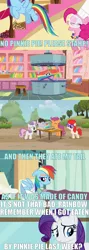 Size: 852x2396 | Tagged: angst what angst?, blue text, candy, caption, derpibooru import, edit, edited screencap, family appreciation day, hospital, implied vore, injured, maud pie (episode), meme, noodle incident, pinkie pie, rainbow dash, rarity, rarity is a marshmallow, read it and weep, safe, scootaloo, screencap, sweetie belle, the show stoppers, truffle shuffle, twist, zap apple jam