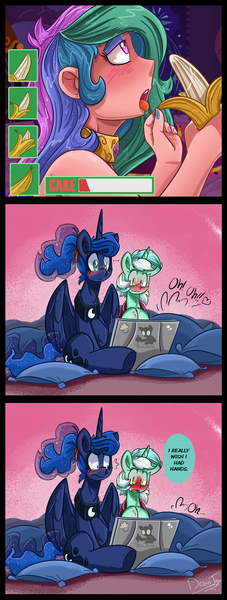 Size: 1500x3957 | Tagged: suggestive, artist:dracojayproduct, derpibooru import, lyra heartstrings, princess celestia, princess luna, alicorn, human, pony, unicorn, ..., banana, blushing, computer, human fetish, humanized, implied nudity, laptop computer, nail polish, not porn