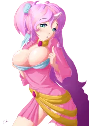 Size: 2894x4093 | Tagged: suggestive, artist:s1k bo1, derpibooru import, oc, oc:cherry, unofficial characters only, human, pony, unicorn, :o, bedroom eyes, blushing, breasts, cleavage, clothes, dress, female, horned humanization, humanized, humanized oc, looking at you, necklace, no panties, sexy, solo, solo female