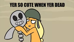 Size: 1920x1080 | Tagged: applejack, artist:alex di stasi, caption, dark comedy, dead, derpibooru import, flirting, friendship is witchcraft, helmet, how applejack won the war, image macro, imminent necrophilia, meme, morbid, safe, skeleton, smiling, soldierjack, the war, war, youtube link