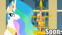 Size: 960x539 | Tagged: safe, derpibooru import, screencap, philomena, princess celestia, alicorn, bird, phoenix, pony, birdcage, cage, duo, ethereal mane, female, image macro, mare, meme, soon