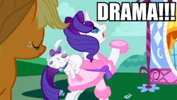 Size: 640x360 | Tagged: safe, derpibooru import, edit, edited screencap, screencap, applejack, opalescence, rarity, pony, unicorn, suited for success, bathrobe, clothes, female, image macro, impact font, mare, marshmelodrama, meme, reaction image, robe