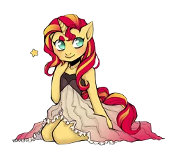 Size: 2703x2364 | Tagged: safe, artist:mscootaloo, derpibooru import, sunset shimmer, anthro, unicorn, bare shoulders, clothes, cute, dress, female, high res, kneeling, mare, no pupils, shimmerbetes, simple background, sitting, solo, stars, transparent background
