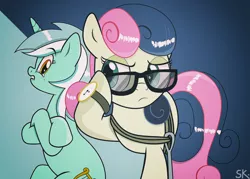 Size: 1262x902 | Tagged: safe, artist:dsana, derpibooru import, bon bon, lyra heartstrings, sweetie drops, earth pony, pony, unicorn, slice of life (episode), crossed arms, crying, glasses, grappling hook, rope, secret agent sweetie drops, sunglasses, teary eyes, watch