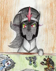Size: 2397x3058 | Tagged: safe, artist:40kponyguy, derpibooru import, king sombra, pony, unicorn, angron, angry, autocannon, bolter, chainaxe, colored pencil drawing, dice, dual wield, figurine, gaming miniature, looking at you, male, miniature, predator tank, primarch, solo, space marine, stallion, tank (vehicle), traditional art, warhammer (game), warhammer 30k, warhammer 40k, world eaters