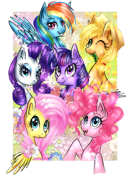 Size: 880x1200 | Tagged: safe, artist:karmamoonshadow, derpibooru import, applejack, fluttershy, pinkie pie, rainbow dash, rarity, twilight sparkle, twilight sparkle (alicorn), alicorn, pony, female, mane six, mare, wink