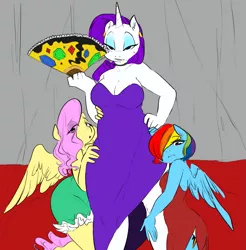 Size: 1007x1024 | Tagged: suggestive, artist:glacierclear, artist:meestorvertex, color edit, derpibooru import, edit, fluttershy, rainbow dash, rarity, anthro, pegasus, unicorn, chicago the musical, clothes, dress, female, flaridash, image, lesbian, plump, png, polyamory