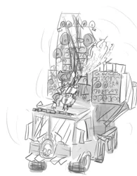 Size: 679x872 | Tagged: artist:nobody, coma-doof warrior, concert, derpibooru import, doof wagon, fireworks, mad max, mad max fury road, metal as fuck, monochrome, octavia melody, safe, sketch, skull, solo, speakers, stage, truck