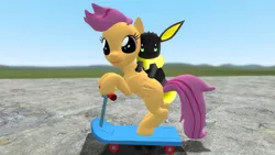 Size: 1366x768 | Tagged: safe, artist:brickfromhatena, artist:h0rnycorn, derpibooru import, scootaloo, oc, oc:bumper, 3d, :p, bipedal leaning, cute, gmod, looking at you, non-mlp oc, smiling, tongue out