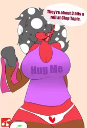 Size: 3200x4700 | Tagged: anthro, artist:thecherrysodaaskblog, ask, big breasts, breasts, chubby, cleavage, clothes, derpibooru import, female, freckles, hair bow, hair over eyes, heart, heart print underwear, oc, oc:cherry soda, panties, shirt, solo, suggestive, tanktop, tumblr, tumblr:thecherrysodaaskblog, underwear, unofficial characters only, white underwear