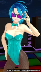 Size: 720x1280 | Tagged: 3d, artist:adammasterart, blue hair, bowtie, bunny suit, clothes, derpibooru import, female, glasses, human, humanized, leotard, mmd, solo, solo female, suggestive, sunglasses, vinyl scratch