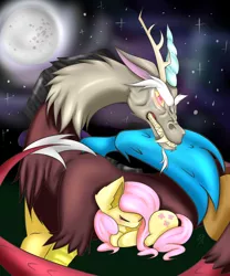 Size: 5000x6000 | Tagged: safe, artist:gamervamp, derpibooru import, discord, fluttershy, draconequus, pegasus, pony, absurd resolution, discoshy, eyes closed, female, glowing eyes, growling, male, moon, night, prone, protecting, shipping, sleeping, straight, yanderecord