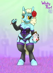 Size: 650x900 | Tagged: suggestive, artist:drjavi, derpibooru import, oc, oc:winky pearl, unofficial characters only, anthro, unguligrade anthro, unicorn, breasts, cleavage, clipboard, clothes, corset, female, garter belt, lingerie, panties, rose, solo, stockings, underwear