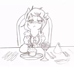 Size: 851x774 | Tagged: safe, artist:i am nude, derpibooru import, derpy hooves, pegasus, pony, alcohol, clothes, cupcake, cutlery, dress, fancy, female, food, mare, monochrome, sketch, solo, table, traditional art, wine