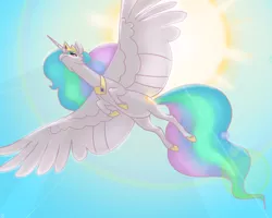 Size: 1000x800 | Tagged: safe, artist:janegumball, derpibooru import, princess celestia, alicorn, pony, backlighting, crepuscular rays, female, flying, large wings, low angle, majestic, mare, sky, solo, spread wings, sun, wings