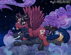 Size: 1013x788 | Tagged: safe, artist:h-stallionwolf, derpibooru import, oc, oc:marker pace, oc:melodic stream, unofficial characters only, pegasus, pony, cloud, cloudy, gay, love, male, night, shipping, sky, snuggling, wingboner