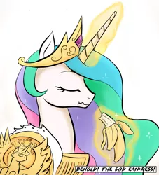 Size: 1113x1228 | Tagged: artist:mod-of-chaos, ask-thewarpony, banana, bananalestia, crossover, derpibooru import, eating, eyes closed, god-emperor of mankind, god empress of ponykind, heresy, magic, princess celestia, safe, solo, telekinesis, warhammer 40k, warhammer (game)