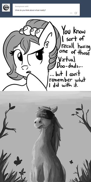 Size: 726x1452 | Tagged: safe, artist:tjpones, derpibooru import, oc, oc:brownie bun, unofficial characters only, horse, horse wife, ask, it was all a dream, monochrome, reality ensues, solo, tumblr, virtual reality, vr headset
