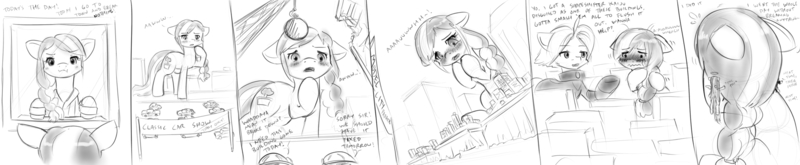 Size: 3000x618 | Tagged: safe, artist:alloyrabbit, derpibooru import, oc, oc:saltlick, oc:sequoia, oc:sugarcube, oc:ultramare, unofficial characters only, pony, building, car, city, comic, dialogue, floppy ears, giant pony, macro, mirror, monochrome, parade, shoulder angel, shoulder devil, sketch, upset, wavy mouth, wrecking ball