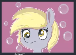 Size: 1280x939 | Tagged: safe, artist:spenws, derpibooru import, derpy hooves, pegasus, pony, bubble, female, mare, smiling, solo