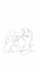 Size: 720x1280 | Tagged: safe, artist:trickydick, derpibooru import, pinkie pie, rarity, female, horse problems, lesbian, monochrome, raripie, shipping, sketch, tea, teacup, tongue out