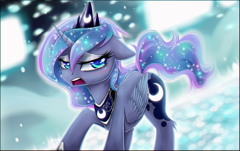 Size: 5320x3351 | Tagged: safe, artist:magnaluna, derpibooru import, princess luna, alicorn, pony, abstract background, crown, crying, ethereal mane, female, filly, jewelry, mare, open mouth, regalia, solo, starry mane, woona