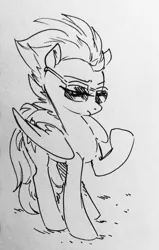 Size: 812x1280 | Tagged: artist:glacierclear, derpibooru import, frown, monochrome, raised hoof, safe, sketch, solo, spitfire, sunglasses, traditional art