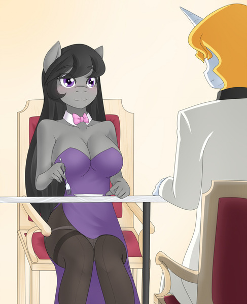 Size: 1280x1576 | Tagged: anthro, artist:jonfawkes, bluetavia, breasts, busty octavia, cleavage, clothes, date, derpibooru import, dress, female, octavia melody, panties, pantyhose, prince blueblood, see-through, side slit, stockings, suggestive, suit, underwear, white underwear