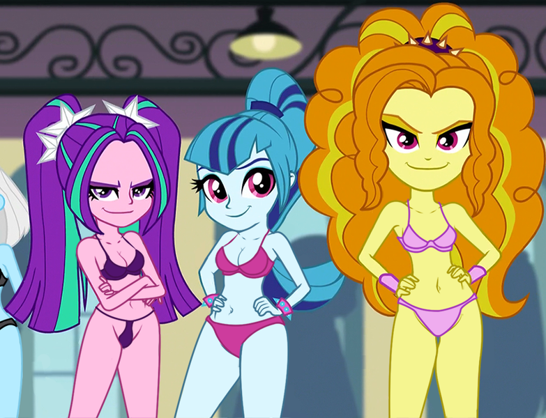 Size: 907x695 | Tagged: suggestive, derpibooru import, edit, edited screencap, screencap, adagio dazzle, aria blaze, sonata dusk, equestria girls, rainbow rocks, belly button, bra, breast edit, breasts, busty aria blaze, busty sonata dusk, cleavage, clothes, female, lingerie, looking at you, panties, pink underwear, purple underwear, the dazzlings, underwear, underwear edit