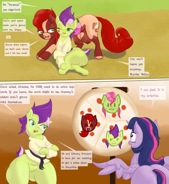 Size: 1173x1280 | Tagged: questionable, artist:hell ray, derpibooru import, twilight sparkle, twilight sparkle (alicorn), oc, oc:chocolate belle, oc:saggitha slap, oc:zippy doo, alicorn, earth pony, pony, 2 panel comic, bedroom eyes, chart, clothes, comic, crossed arms, crossed legs, crotchboobs, excited, gi, impossibly large crotchboobs, milkmare, nipples, nudity, patch, pizza, plot, saddle bag, spread wings, suspicious, the ass was fat, vest, wide hips