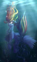 Size: 800x1323 | Tagged: air bubble, artist:falleninthedark, bubble, derpibooru import, drowning, holding breath, peril, rainbow dash, safe, seaweed, solo, underwater