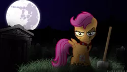 Size: 1920x1080 | Tagged: artist:paragonaj, bandage, blood, cape, clothes, cmc cape, derpibooru import, ear piercing, grave, graveyard, heterochromia, mare in the moon, moon, night, piercing, scootaloo, semi-grimdark, shovel