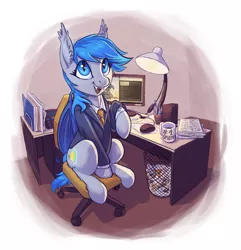 Size: 2361x2445 | Tagged: source needed, safe, artist:mav, derpibooru import, oc, oc:paint splotch, unofficial characters only, bat pony, pony, business suit, chair, clothes, coffee, computer, cute, desk, lamp, office chair, solo, suit