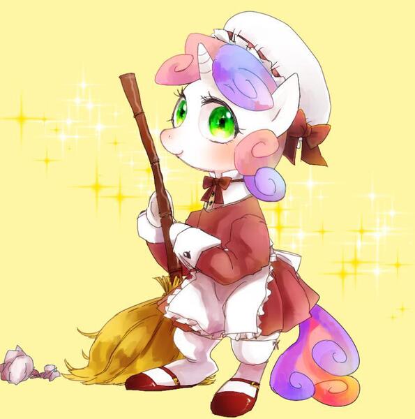 Size: 841x848 | Tagged: safe, artist:chi-hayu, derpibooru import, sweetie belle, pony, unicorn, blushing, broom, clothes, cute, female, filly, looking at you, maid, mary janes, skirt, smiling, solo