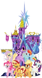 Size: 3000x5525 | Tagged: safe, artist:theshadowstone, derpibooru import, applejack, fluttershy, pinkie pie, rainbow dash, rarity, sunset shimmer, twilight sparkle, twilight sparkle (alicorn), alicorn, pony, alternate mane seven, cutie mark magic, female, mane six, mare, rainbow power, twilight's castle