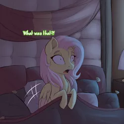 Size: 800x800 | Tagged: artist:evehly, bed, derpibooru import, fluttershy, frown, open mouth, safe, scared, solo, wide eyes