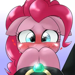 Size: 1000x1000 | Tagged: safe, artist:ushiro no kukan, derpibooru import, pinkie pie, earth pony, pony, blushing, engagement ring, excited, female, heart, mare, marriage proposal, offscreen character, pov, ring, smiling, solo, tears of joy, wedding ring