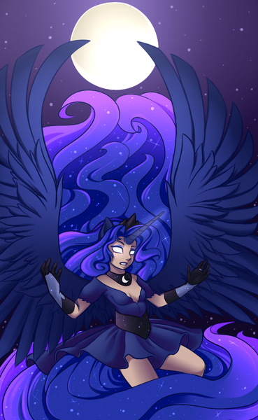 Size: 800x1300 | Tagged: artist:floofurr, clothes, derpibooru import, dress, eared humanization, glowing eyes, horned humanization, human, humanized, moon, princess luna, safe, solo, spread wings, tailed humanization, winged humanization