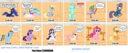 Size: 1536x643 | Tagged: safe, artist:vincentthecrow, derpibooru import, edit, applejack, derpy hooves, fluttershy, lyra heartstrings, maud pie, pinkie pie, princess celestia, princess luna, rainbow dash, rarity, spike, twilight sparkle, twilight sparkle (alicorn), alicorn, pony, derpibooru, barcode, bronybait, choice, comic sans, dilemma, everything is fixed, female, mane six, mare, meta, pick one, ponies for sale, preening, puppy dog eyes, signs, speech bubble, talking, talking to viewer, thought bubble, traditional royal canterlot voice