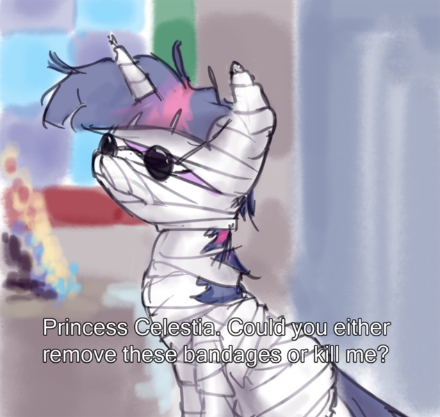 Size: 739x700 | Tagged: artist:king-kakapo, bandage, derpibooru import, princess celestia, sabrina the teenage witch, safe, subtitles, sunglasses, twilight sparkle