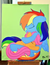 Size: 3813x4973 | Tagged: safe, derpibooru import, rainbow dash, scootaloo, pegasus, pony, acrylic painting, canvas, cuddling, hug, sisters, snuggling, traditional art