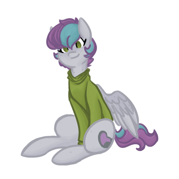 Size: 1800x1800 | Tagged: safe, artist:hippykat13, derpibooru import, oc, oc:kitty sweet, unofficial characters only, pegasus, pony, clothes, cute, freckles, pixie cut, ponysona, short mane, sitting, smiling, solo, sweater