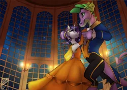 Size: 1280x905 | Tagged: safe, artist:casynuf, derpibooru import, rarity, spike, beauty and the beast, clothes, crossover, curved horn, dancing, disney, disney style, dress, female, male, older, older spike, shipping, sparity, straight, style emulation