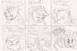 Size: 1024x680 | Tagged: applejack, artist:php68, comic, cute, derpibooru import, female, fetish, humor, lyra heartstrings, monochrome, octavia melody, pinkie pie, rainbow dash, rarity, safe, sketch, sneeze cloud, sneezing, sneezing fetish, sneezing powder, spray, traditional art, twilight sparkle, vinyl, vinyl scratch